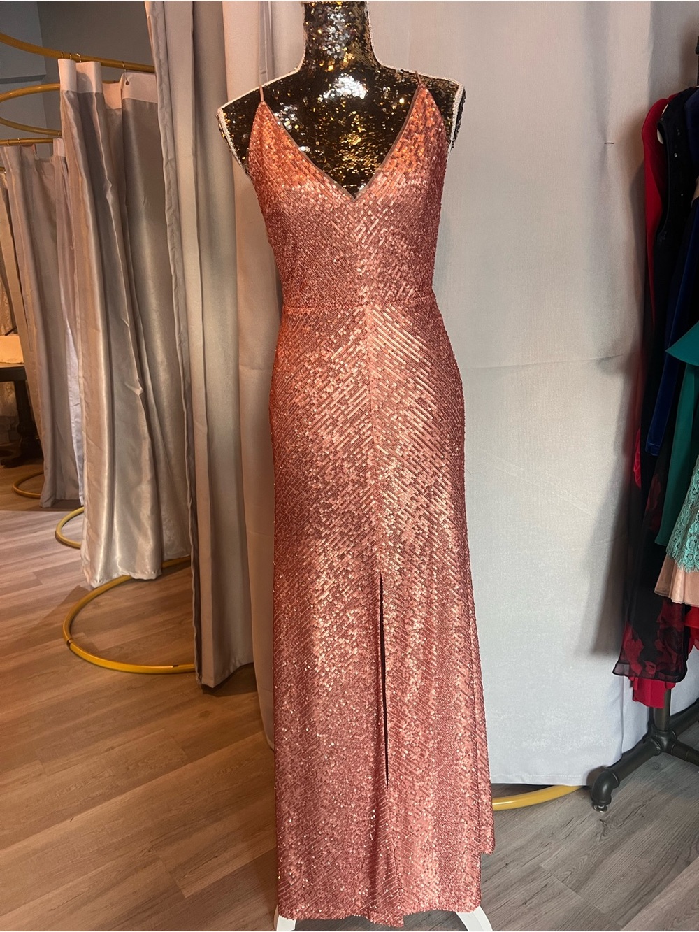 Jenny Yoo Rose Gold Sequin V-Neck Prom Gown